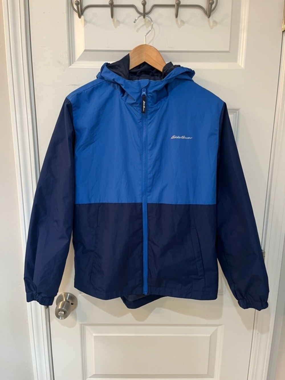 Eddie Bauer Youth Large 14-16 Hooded Windbreaker Full Zip Jacket Blue Navy